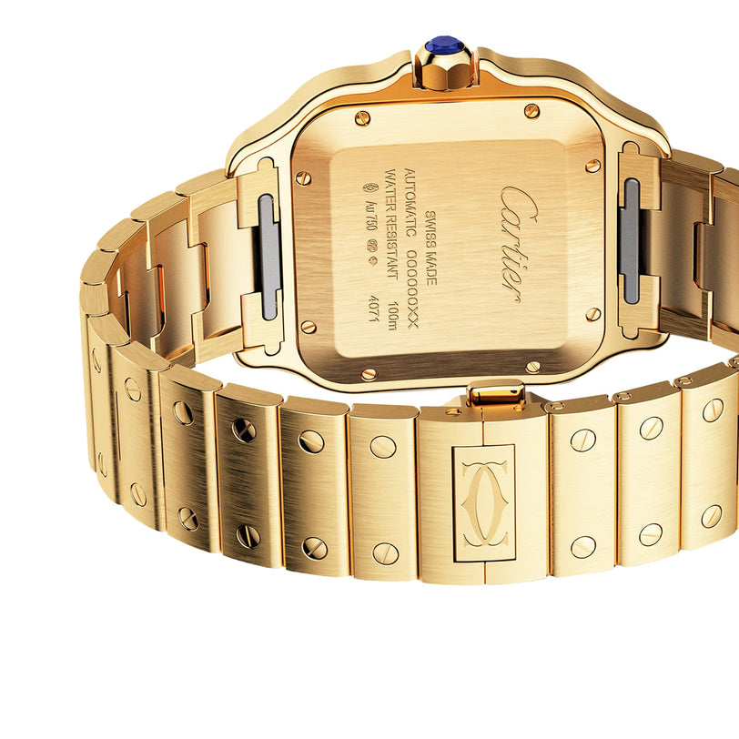 Close-up of the back of a Santos de Cartier watch by Cartier in 18K yellow gold, highlighting the engraved details and Cartier logo on the bracelet clasp.