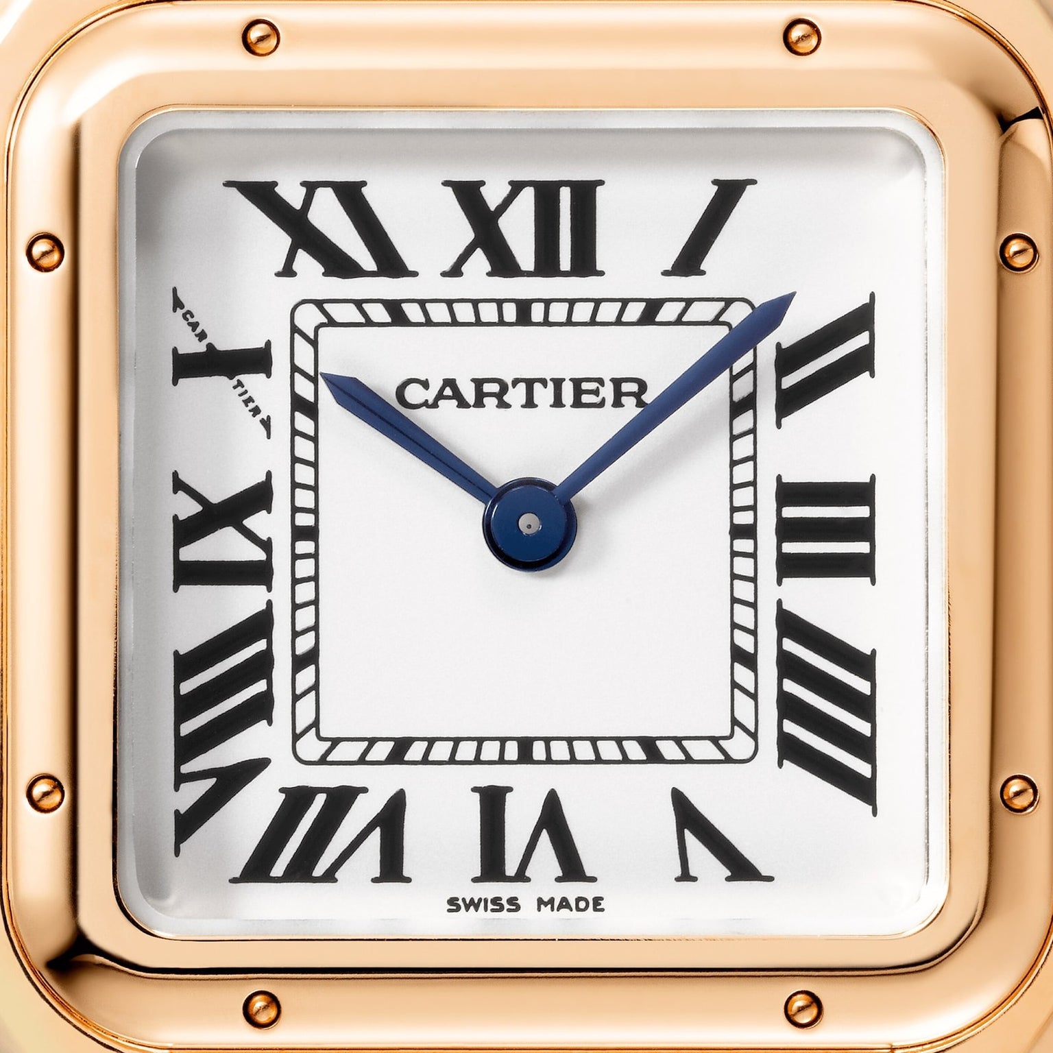 Close-up of the Cartier Panthère de Cartier watch, featuring black Roman numerals, blue hands, a rose gold square case, and a blue sapphire crown at 1:50—an elegant and timeless design by Cartier.