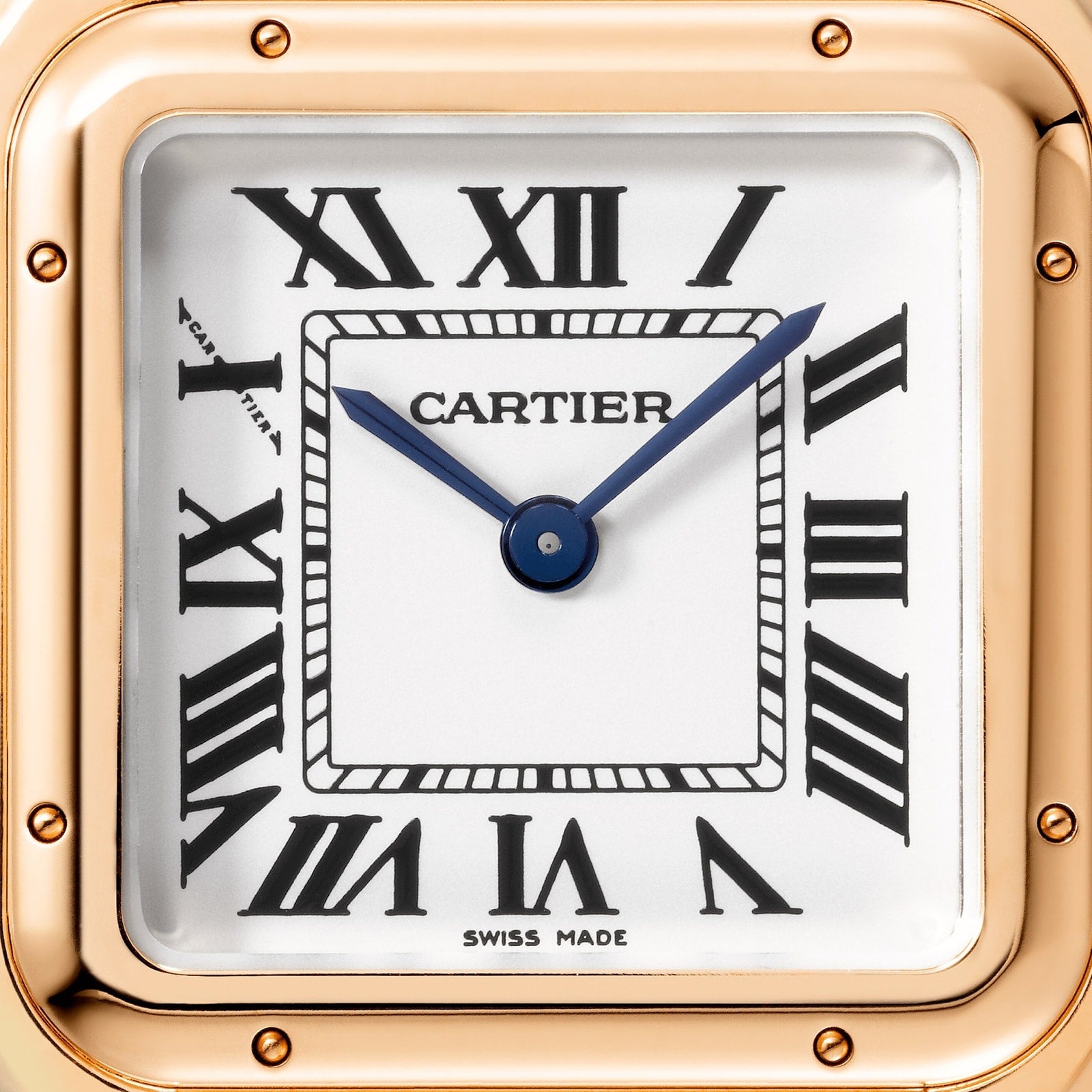 Close-up of the Cartier Panthère de Cartier watch, featuring black Roman numerals, blue hands, a rose gold square case, and a blue sapphire crown at 1:50—an elegant and timeless design by Cartier.