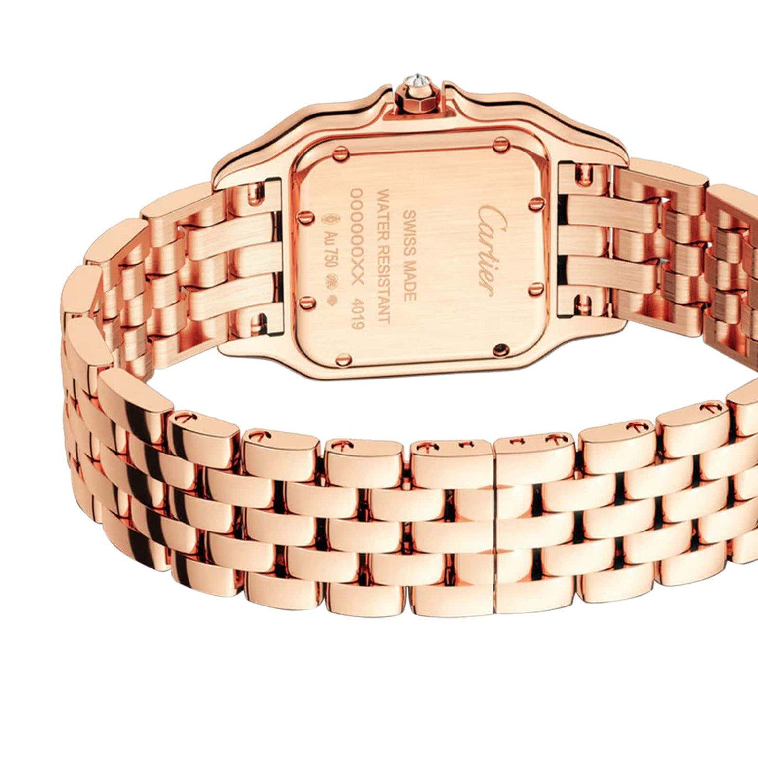 Close-up of the back of a Panthère de Cartier watch by Cartier, highlighting its rose gold metal bracelet and engraved case back details.