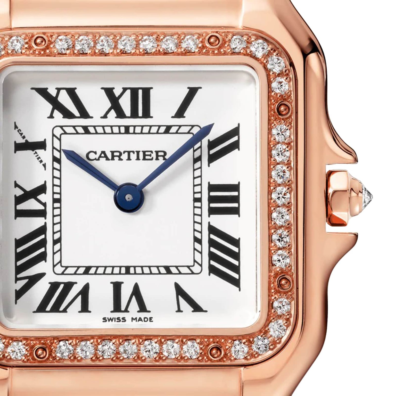Close-up of the Panthère de Cartier watch by Cartier, featuring a square face, Roman numerals, blue hands, diamond-set bezel, and an elegant rose gold case.
