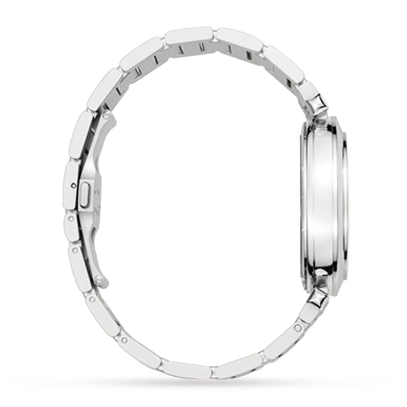 Side view of a silver metal Cartier Pasha de Cartier Skeleton watch with a round case, link bracelet, and SmartLink adjustment system on a white background.