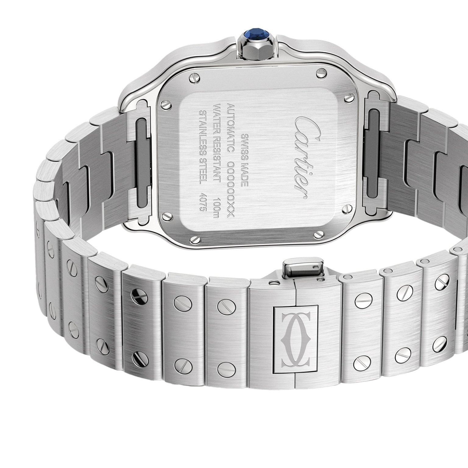 Close-up of the back of a Santos de Cartier stainless steel watch by Cartier, highlighting engraved details and a silver bracelet with signature screw accents and automatic winding mechanism.