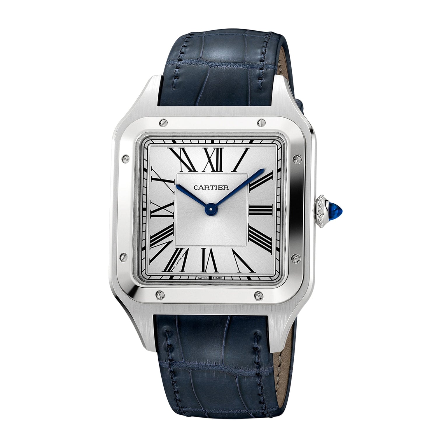 The Cartier Santos-Dumont watch features a square silver case, white Roman numeral dial, blue hands, dark blue leather strap, and precise mechanical movement.