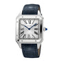 The Cartier Santos-Dumont watch features a square silver case, white Roman numeral dial, blue hands, dark blue leather strap, and precise mechanical movement.
