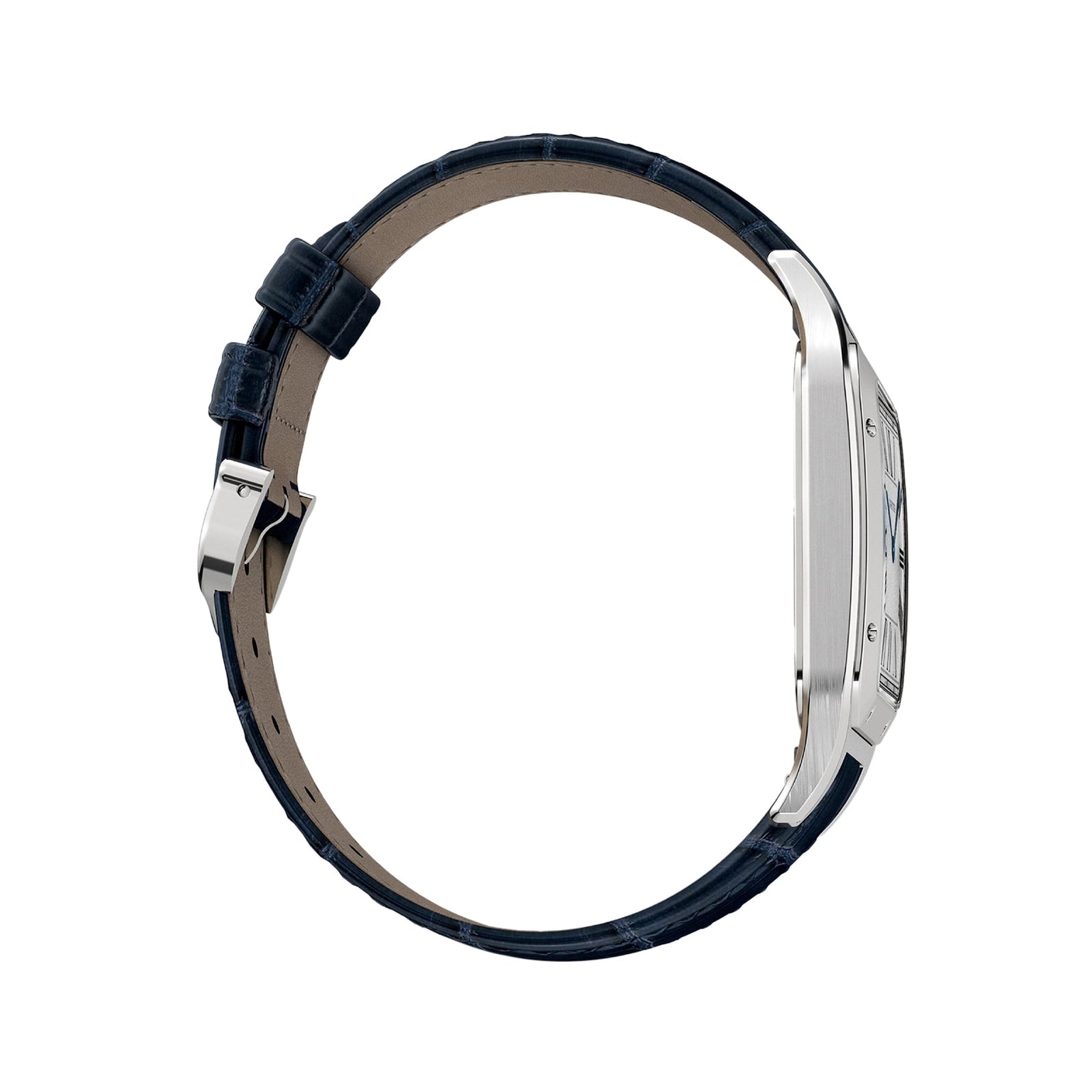 Side view of the Cartier Santos-Dumont watch with a blue leather strap and a silver rectangular case, highlighting the buckle, slim profile, and refined mechanical movement.