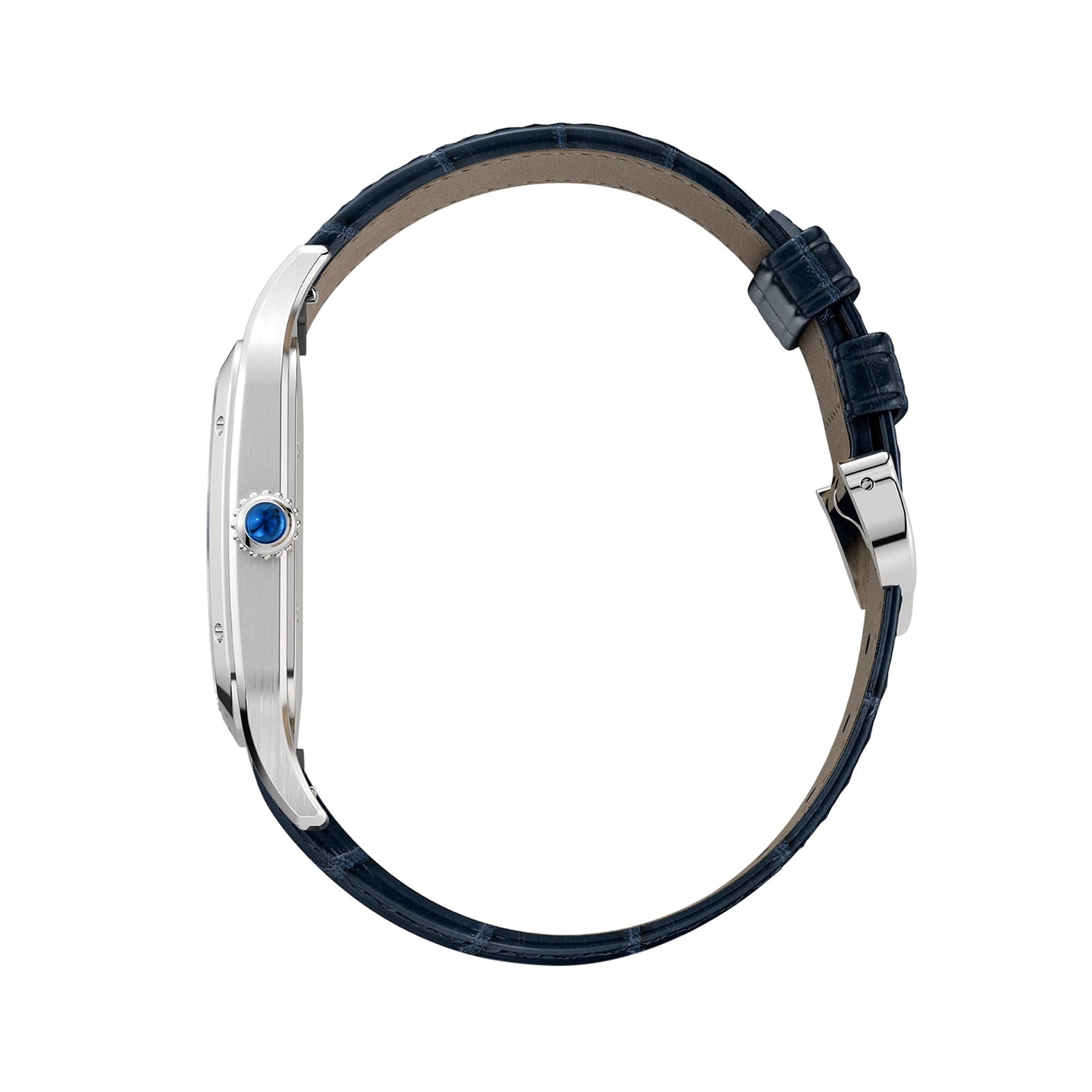 Side view of the Cartier Santos-Dumont watch with a blue gemstone crown, mechanical movement, thin silver case, and dark blue textured leather strap with buckle.