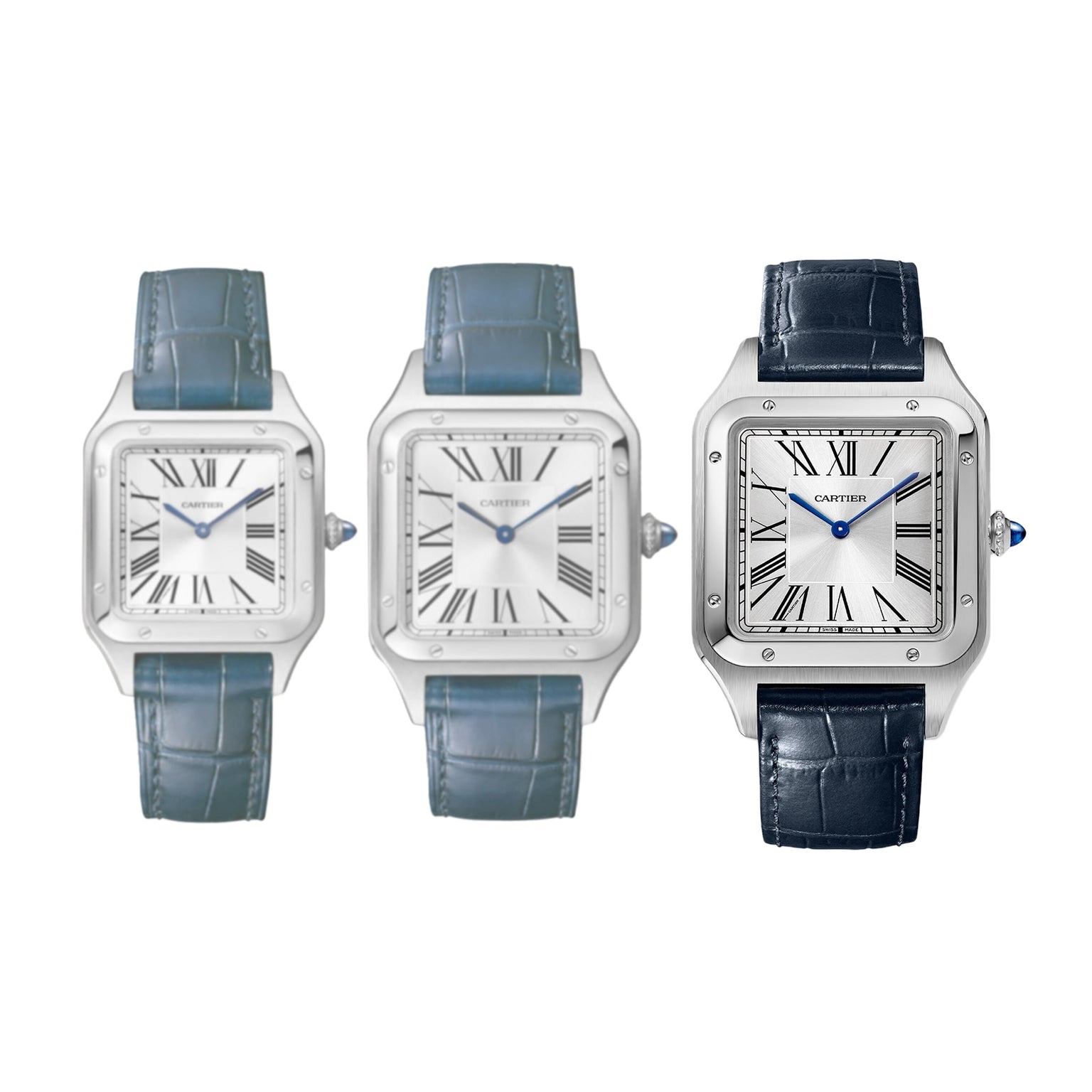 Three Cartier Santos-Dumont watches are displayed side by side, each with a square silver case, white dial, Roman numerals, blue hands, mechanical movement, and leather strap—two in light blue (left), one in dark blue (right).