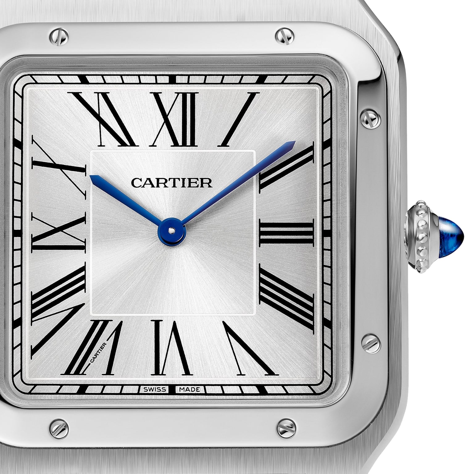 Close-up of the Cartier Santos-Dumont watch face, featuring Roman numerals, blue hands, and a sapphire-tipped crown on a brushed metal case, highlighting its refined mechanical movement.