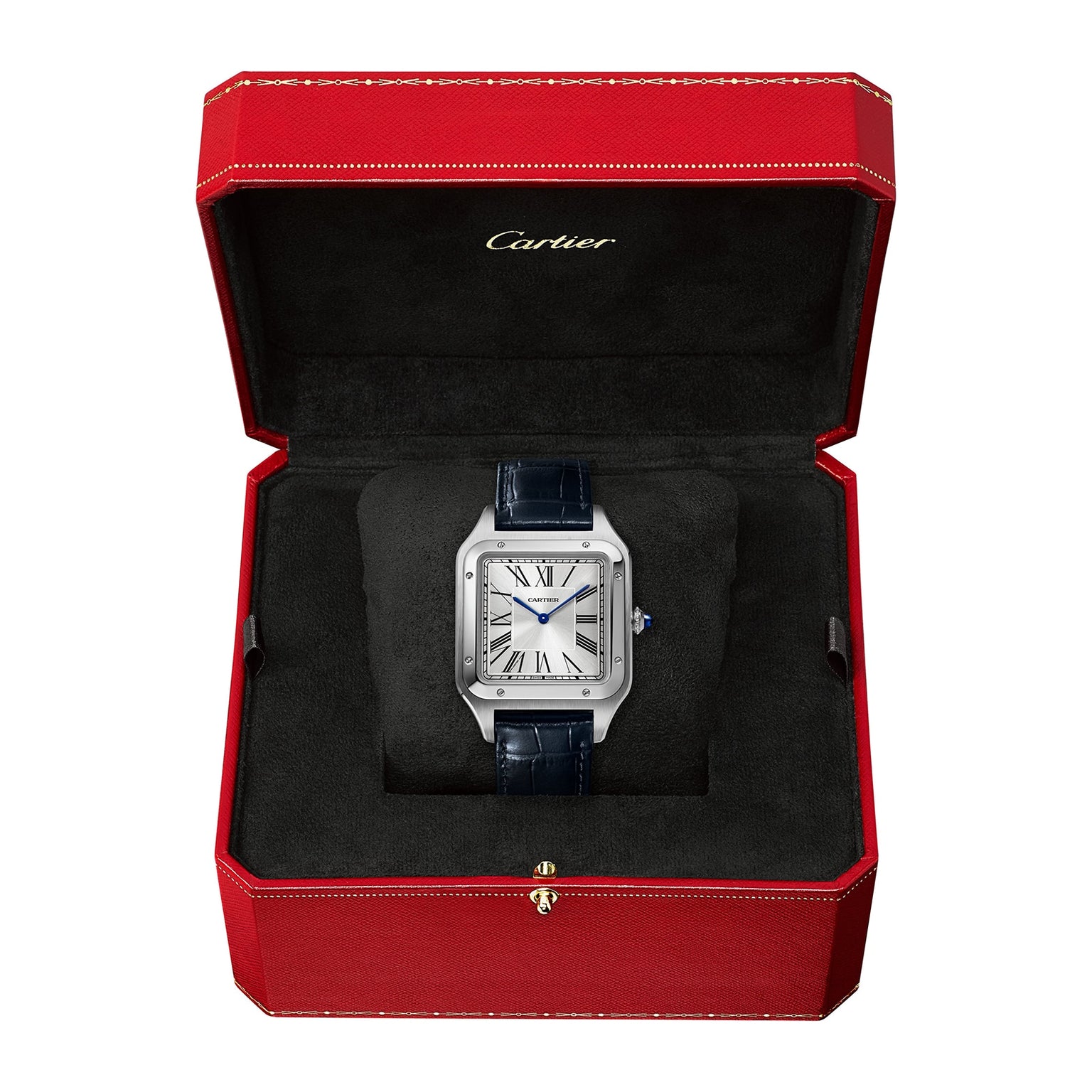 A Cartier Santos-Dumont watch is displayed in an open red Cartier box with a black velvet interior, highlighting its square face, black leather strap, and elegant mechanical movement.