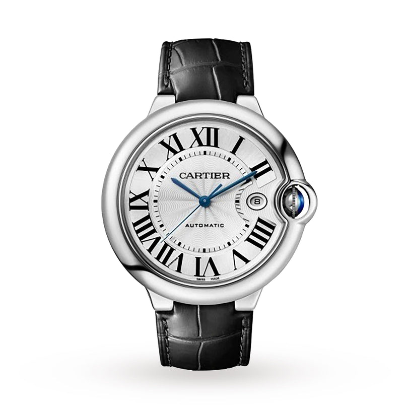 The Ballon Bleu de Cartier by Cartier features a silver round face, black Roman numerals, blue hands, date window, and black leather strap—showcasing timeless elegance against a white background.