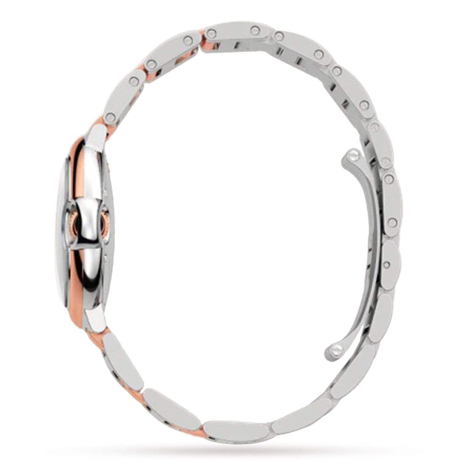 A side view of the Cartier Ballon Bleu de Cartie wristwatch in silver and rose gold with a metal bracelet and closed clasp, showcasing its elegant mechanical movement, displayed against a white background.