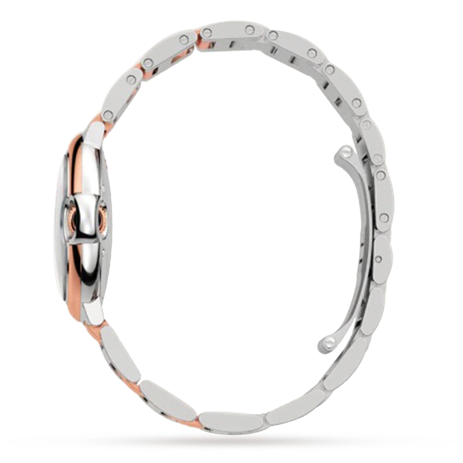 A side view of the Cartier Ballon Bleu de Cartie wristwatch in silver and rose gold with a metal bracelet and closed clasp, showcasing its elegant mechanical movement, displayed against a white background.