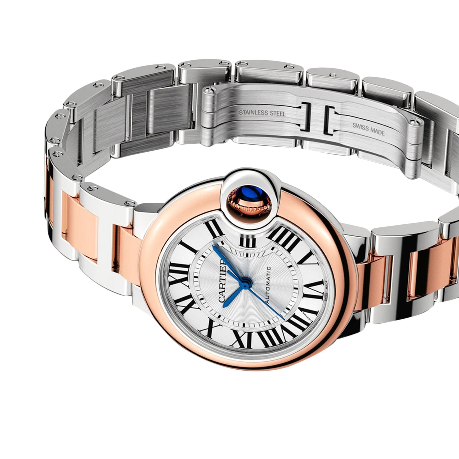 The Cartier Ballon Bleu de Cartie watch features a round face, Roman numerals, blue hands, and a silver and rose gold bracelet with mechanical movement.