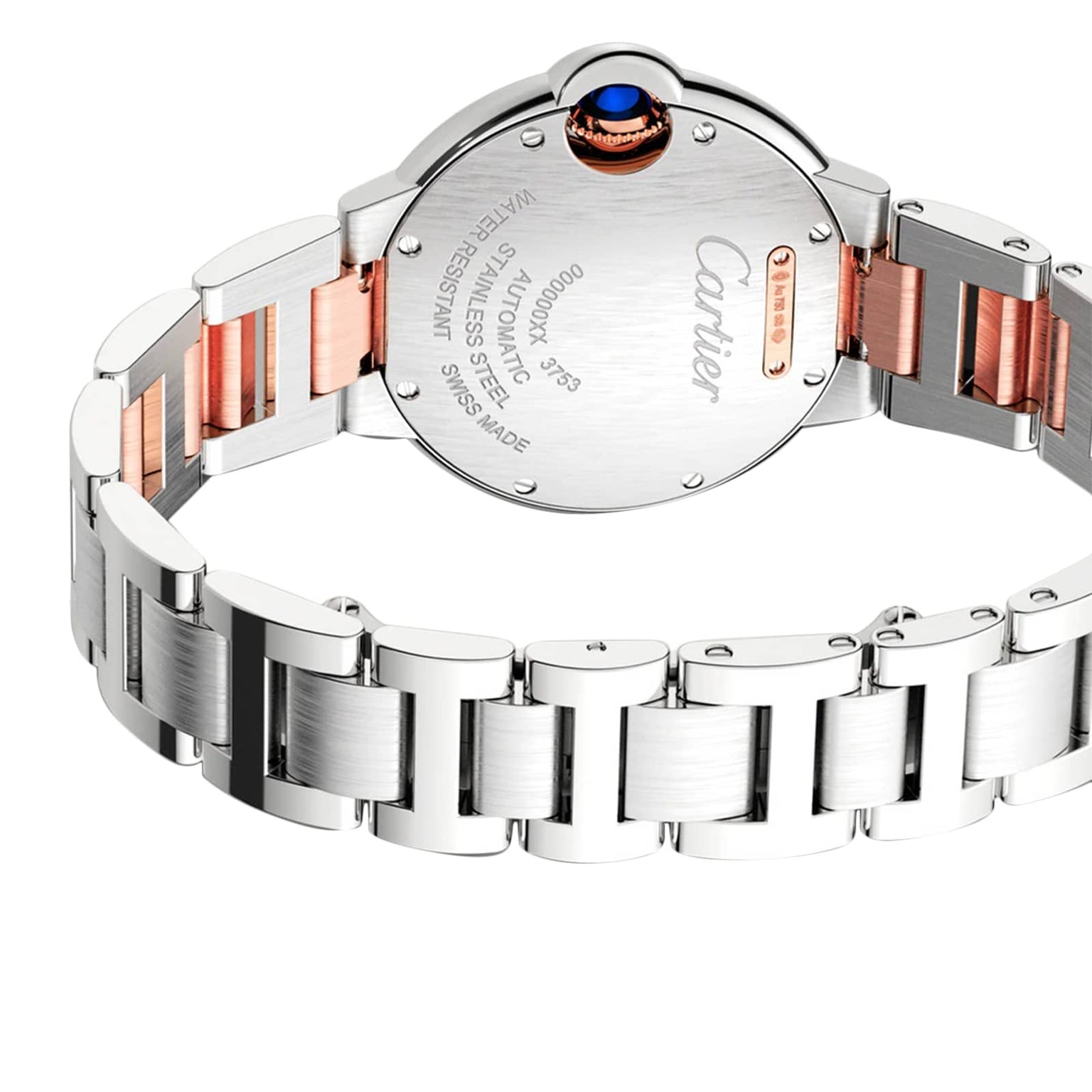 Close-up of the back of a Cartier Ballon Bleu de Cartie wristwatch with an interchangeable two-tone bracelet, highlighting engraved details and a blue gemstone set in the crown.