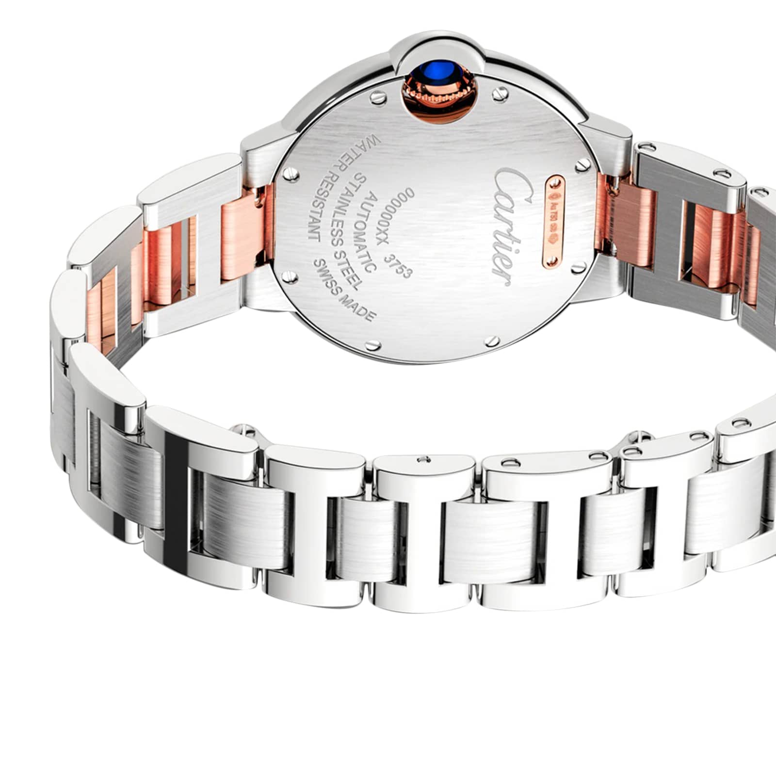 Close-up of the back of a Cartier Ballon Bleu de Cartie wristwatch with an interchangeable two-tone bracelet, highlighting engraved details and a blue gemstone set in the crown.