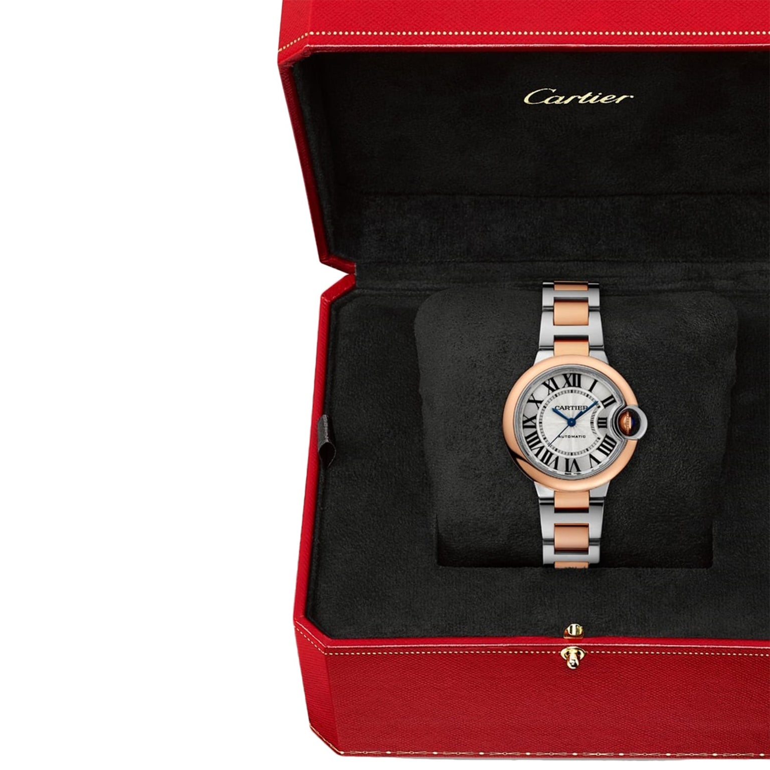 A Cartier Ballon Bleu de Cartie wristwatch with a two-tone metal band, mechanical movement, and Roman numerals is displayed in an open red Cartier box with a black interior.