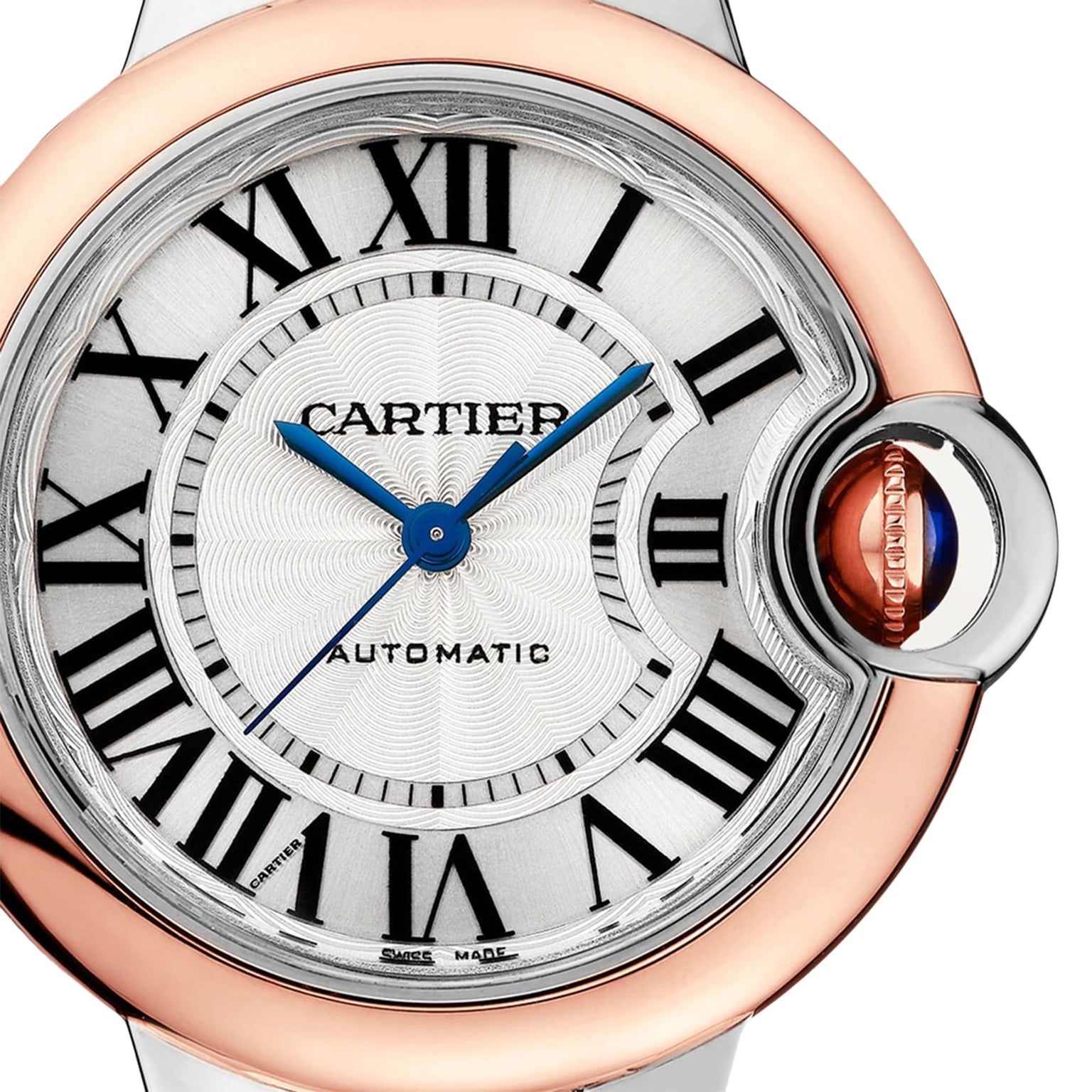 Close-up of the Cartier Ballon Bleu de Cartie watch face, showcasing Roman numerals, blue hands, and a silver dial in a two-tone rose gold and steel case with refined mechanical movement.