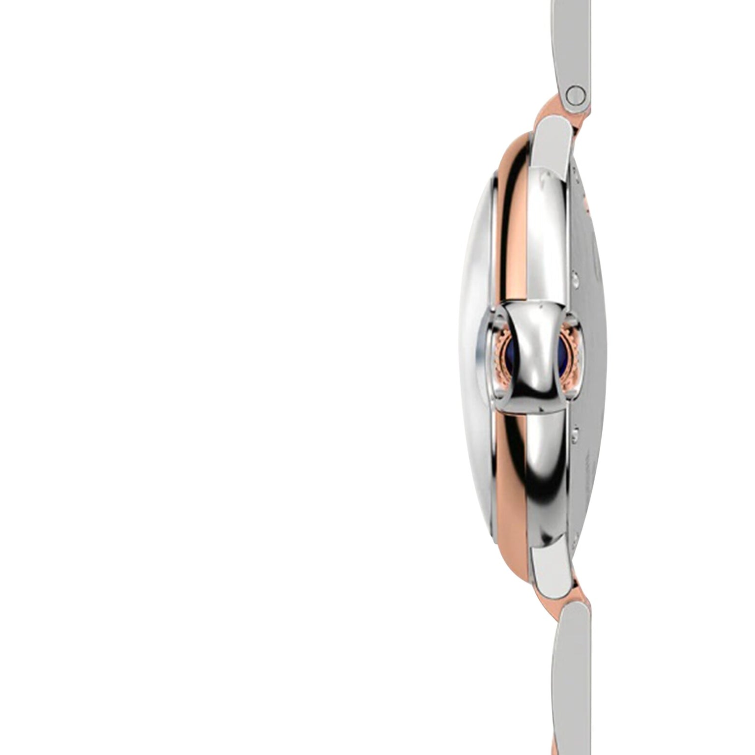 Side view of the Ballon Bleu de Cartier watch by Cartier, featuring a two-tone silver and rose gold finish, set against a plain white background.