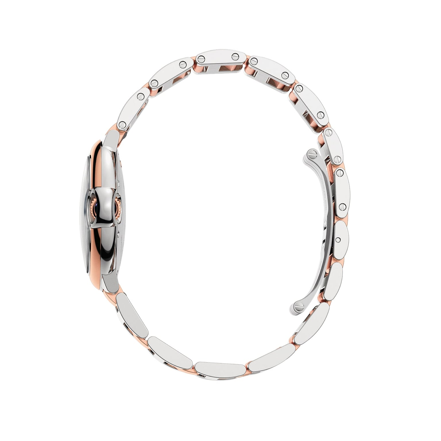 A side view of the Ballon Bleu de Cartier watch by Cartier, featuring a metal link band and showcasing its elegant rose gold case profile and an interchangeable bracelet.
