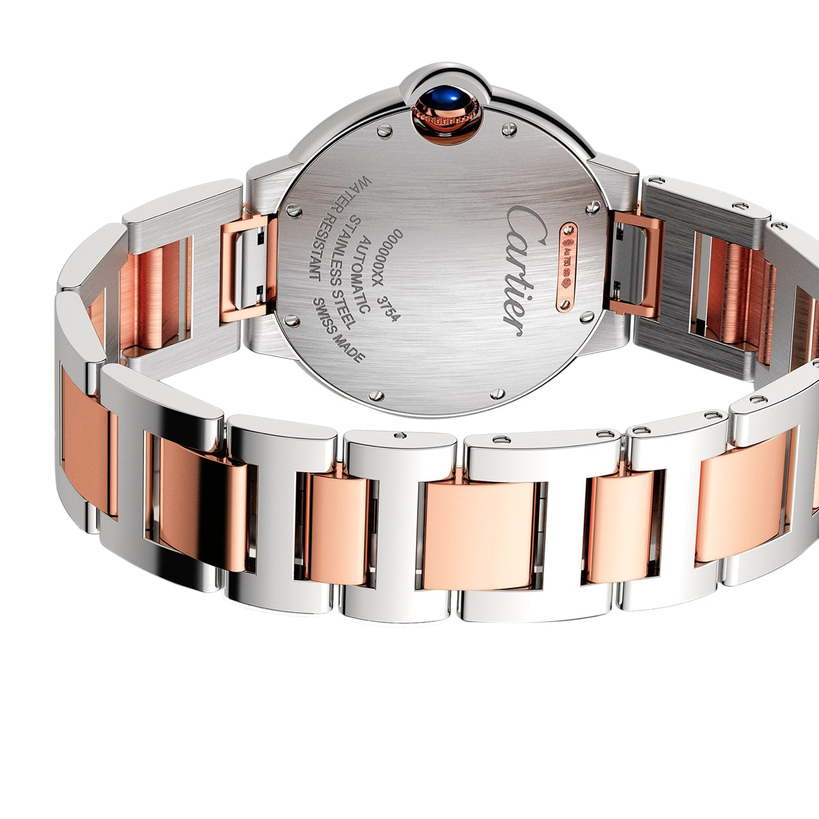 Close-up of the back of a Cartier Ballon Bleu de Cartier watch featuring a two-tone silver and rose gold interchangeable metal bracelet, engraved details, and a signature blue cabochon crown.