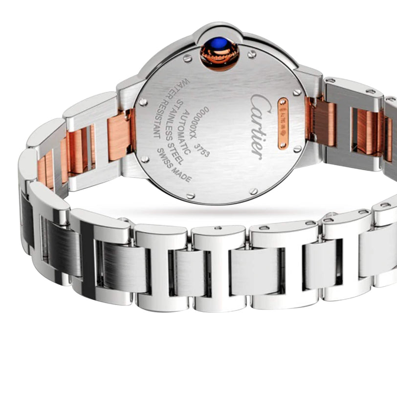 Close-up of the Ballon Bleu de Cartiers stainless steel and rose gold case back and bracelet, featuring elegant engraved details and refined rose gold accents by Cartier.