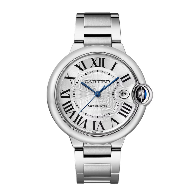 The Ballon Bleu de Cartier by Cartier features a silver round face, blue hands, Roman numerals, date at 3 o’clock, and a steel interchangeable bracelet.