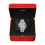 A Cartier Ballon Bleu de Cartier wristwatch with a white dial, Roman numerals, steel interchangeable bracelet, presented in an open red Cartier box with black lining.