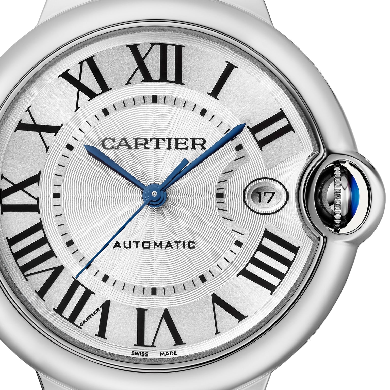 Close-up of the Cartier Ballon Bleu de Cartier watch, featuring Roman numeral hour markers, blue hands, date display at 3 o’clock, and a steel interchangeable bracelet.