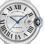 Close-up of the Cartier Ballon Bleu de Cartier watch, featuring Roman numeral hour markers, blue hands, date display at 3 o’clock, and a steel interchangeable bracelet.