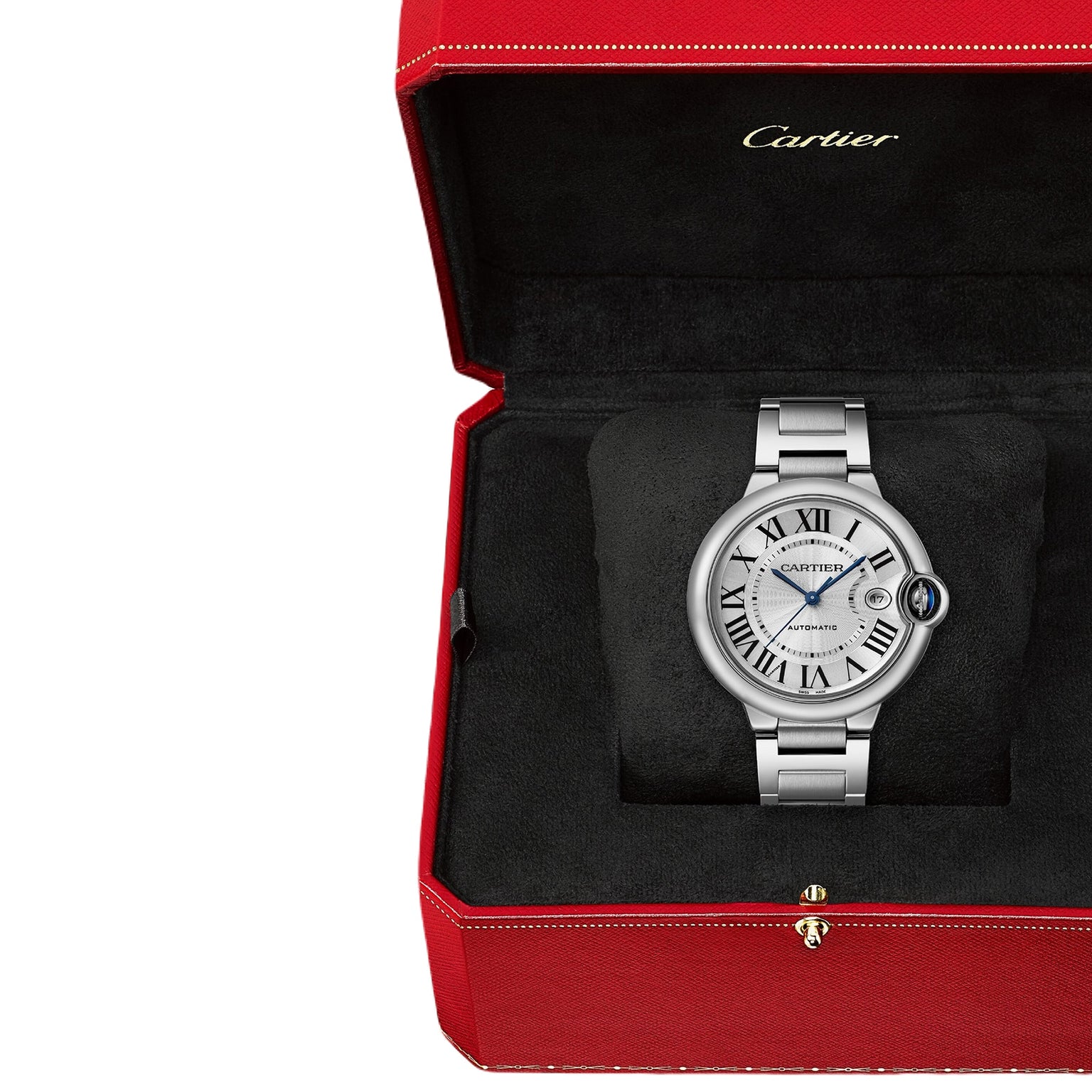 The Ballon Bleu de Cartier wristwatch by Cartier, with a round silver face and Roman numerals, is shown in an open red Cartier box with black interior and includes a steel interchangeable bracelet for versatile style.