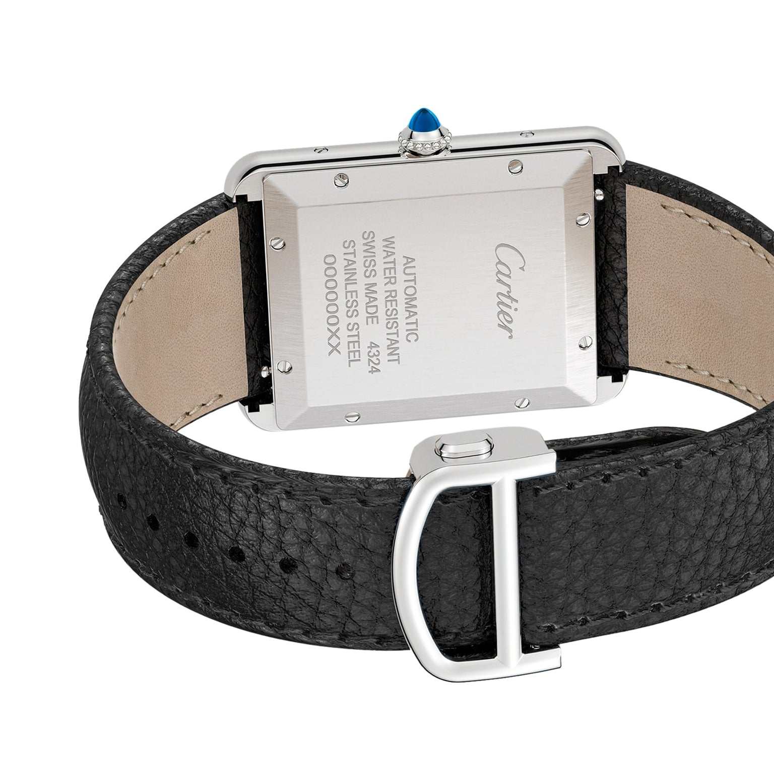 Back view of the Cartier Tank Must de Cartier watch featuring a stainless steel case, automatic movement details, water resistance info, and a black calfskin strap.