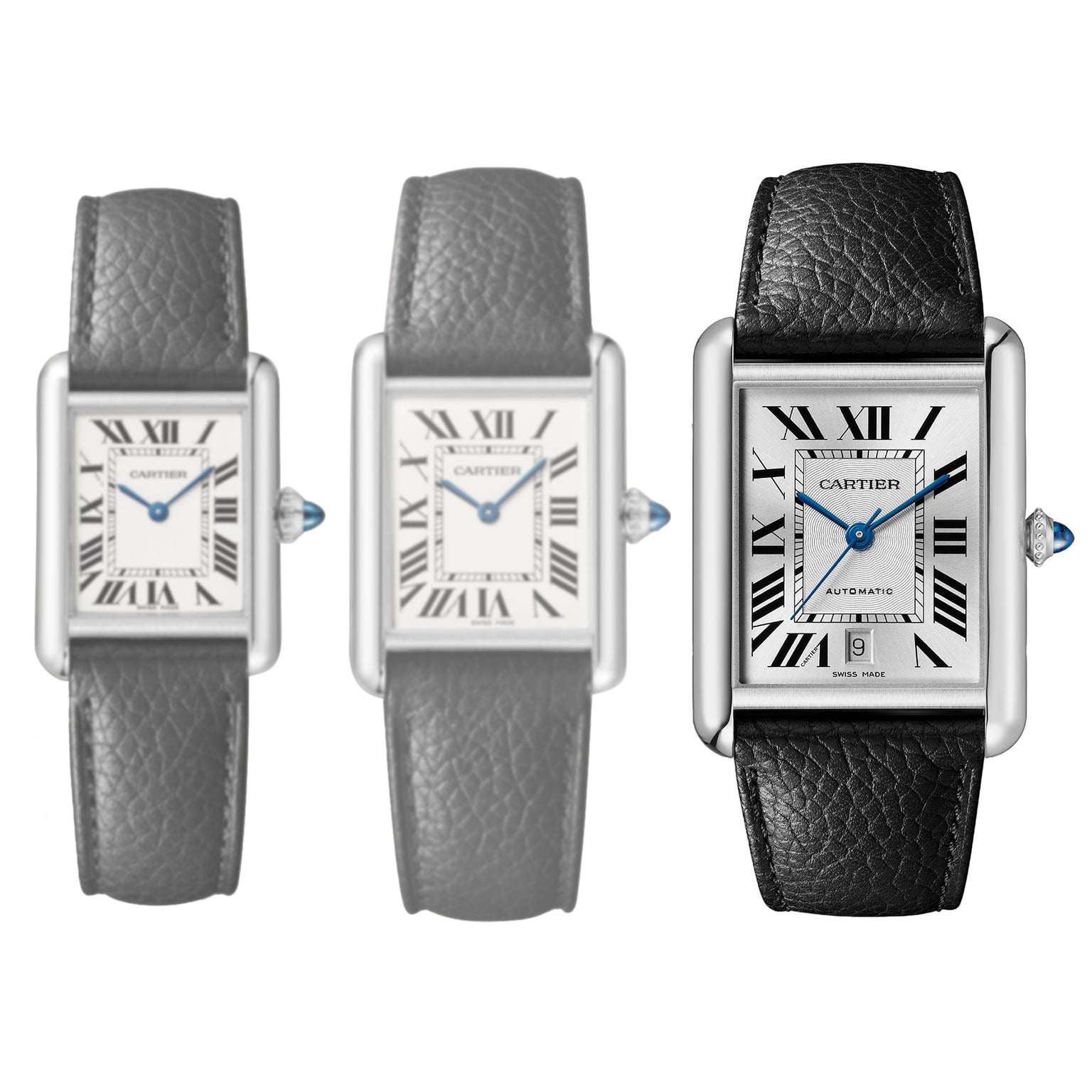 Three Cartier Tank Must de Cartier watches are displayed side by side, each featuring a rectangular face, Roman numerals, black calfskin strap, and elegant silvered flinqué dial; the rightmost watch includes a date window.