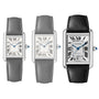 Three Cartier Tank Must de Cartier watches are displayed side by side, each featuring a rectangular face, Roman numerals, black calfskin strap, and elegant silvered flinqué dial; the rightmost watch includes a date window.