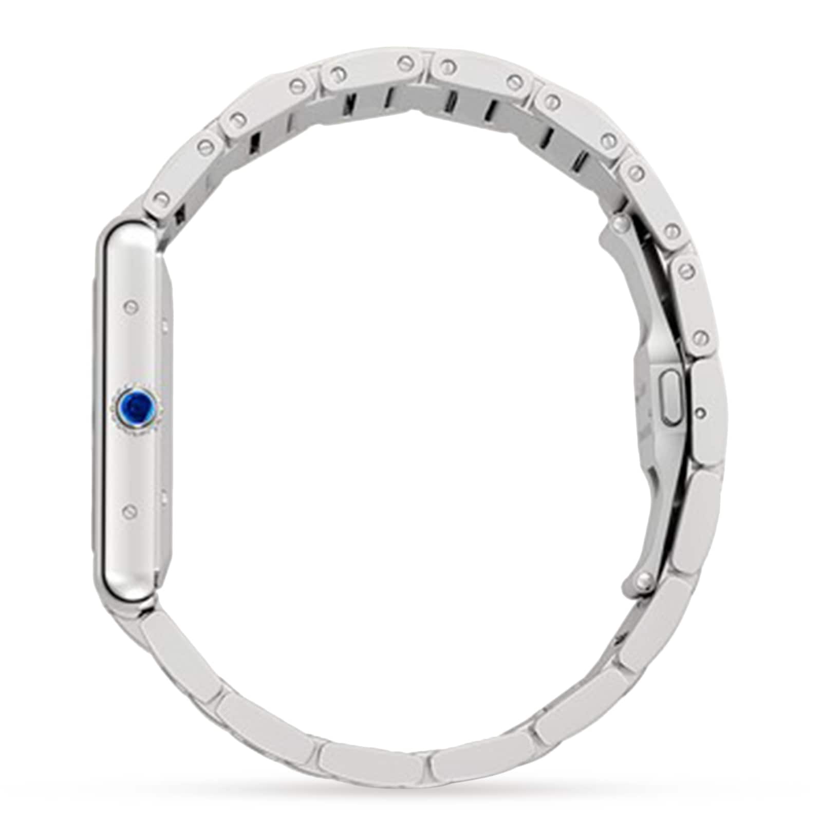 Side view of a silver Cartier Tank Américaine watch with a blue crown, mechanical movement, and linked bracelet, displayed against a plain white background.