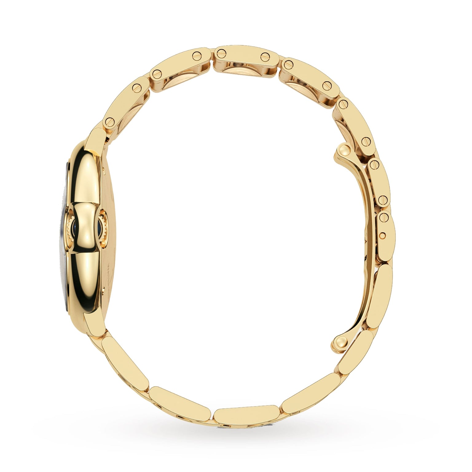 Side view of the Cartier Ballon Bleu de Cartier wristwatch with a yellow gold bracelet, showcasing its case profile and open clasp on a white background.