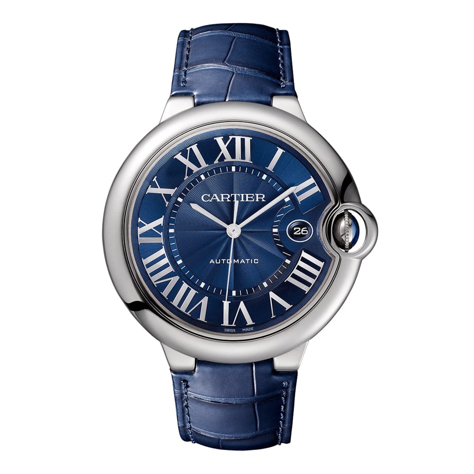 The Cartier Ballon Bleu de Cartier watch features a blue leather strap, blue guilloché dial with silver Roman numerals, a mechanical movement, and a date display at 3 o’clock.
