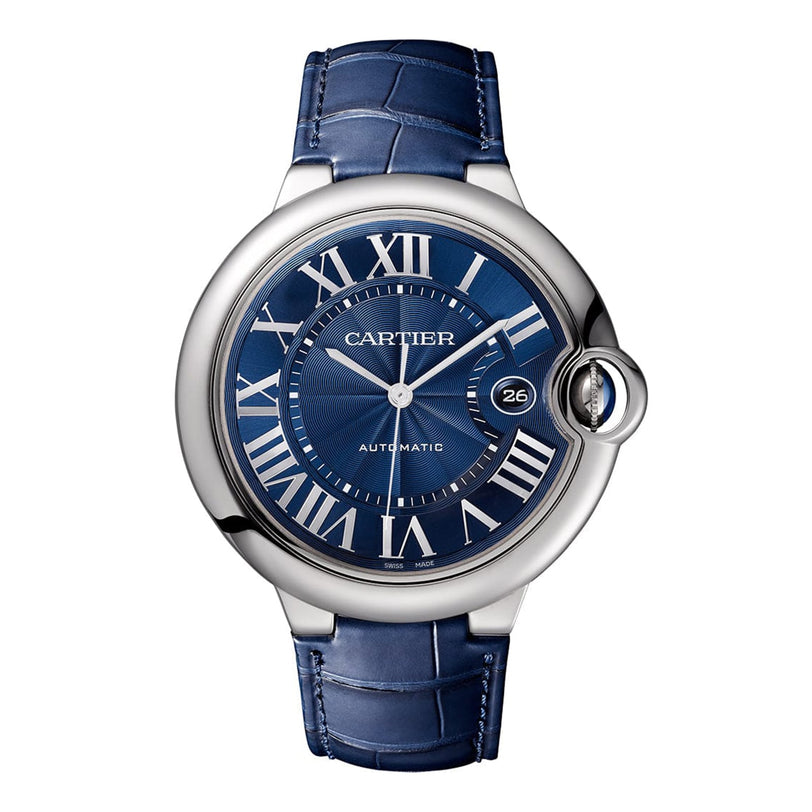 The Cartier Ballon Bleu de Cartier watch features a blue leather strap, blue guilloché dial with silver Roman numerals, a mechanical movement, and a date display at 3 o’clock.