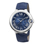 The Cartier Ballon Bleu de Cartier wristwatch features a blue guilloché dial, blue leather strap, silver case, Roman numerals, and a date window at 3 o’clock.