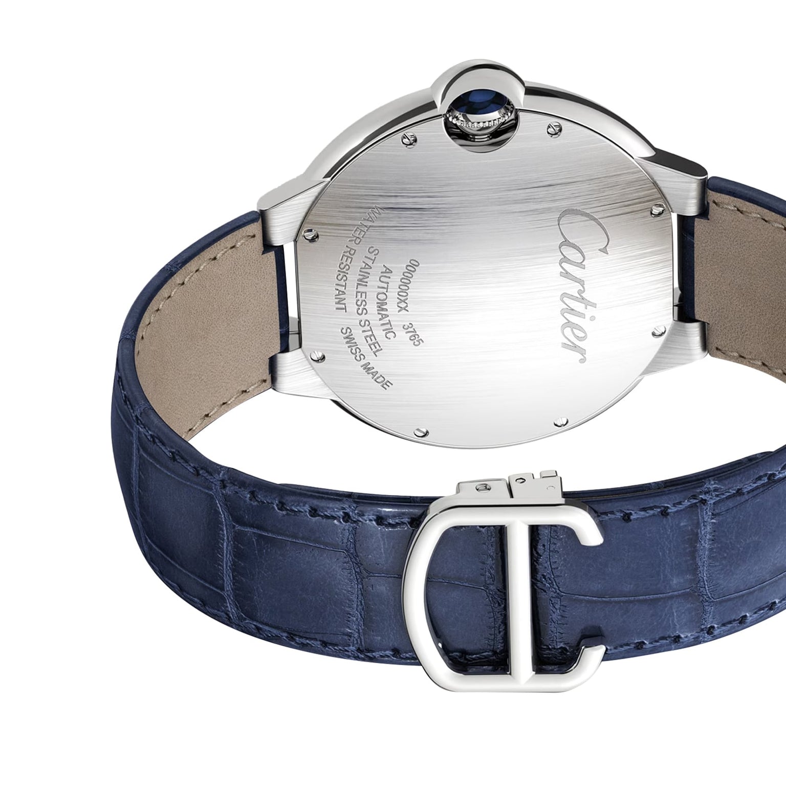 A close-up of the Ballon Bleu de Cartier watch by Cartier showcases its engraved back, blue leather strap, and signature C-shaped clasp.