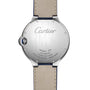 Back view of the Ballon Bleu de Cartier by Cartier featuring a stainless steel case, engraved branding, and details such as mechanical movement and water resistance.
