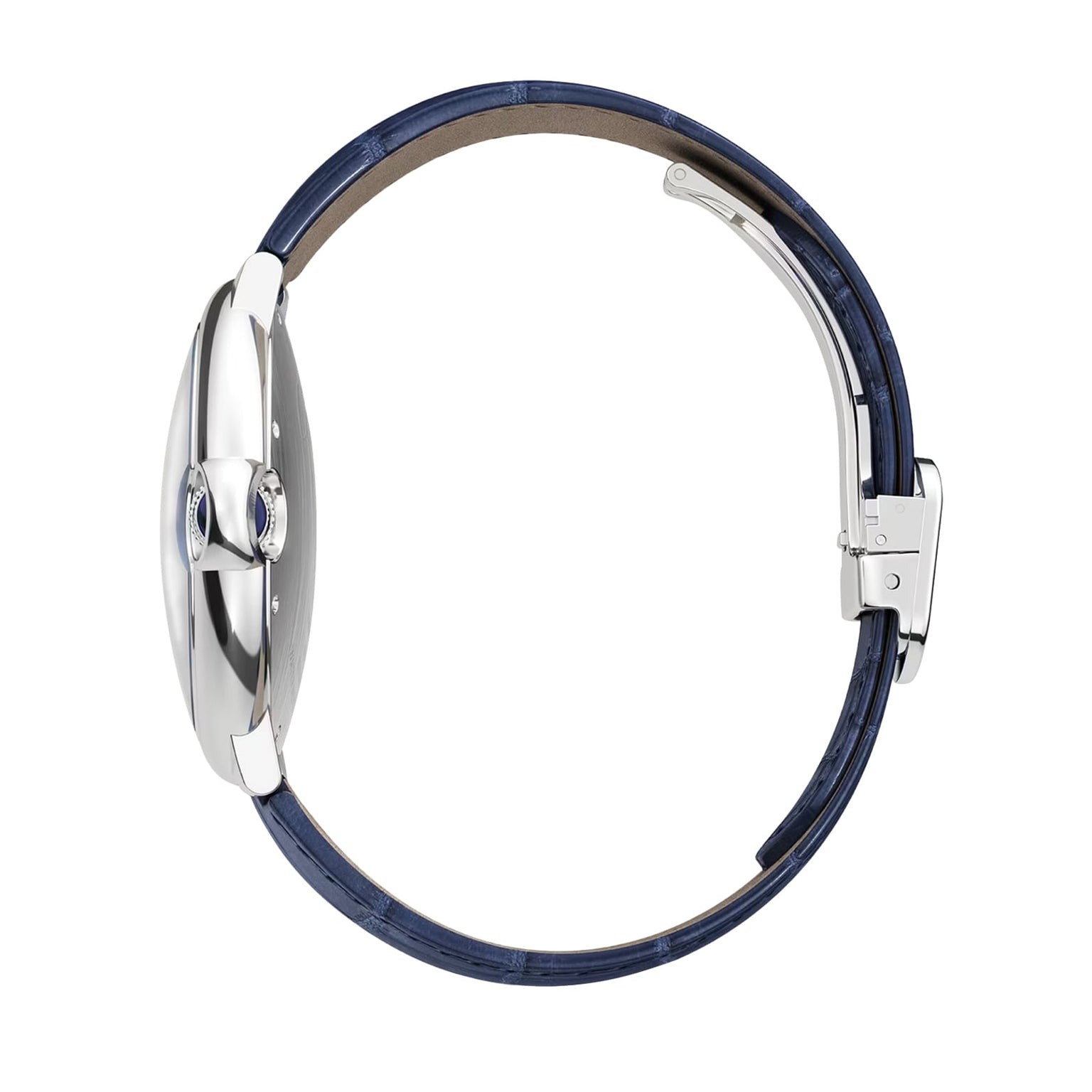 Side view of the Cartier Ballon Bleu de Cartier watch with a round silver case, blue leather strap, metal clasp, and striking blue guilloché dial shown against a plain white background.