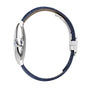 Side view of the Cartier Ballon Bleu de Cartier watch with a round silver case, blue leather strap, metal clasp, and striking blue guilloché dial shown against a plain white background.