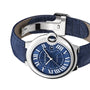 The Ballon Bleu de Cartier by Cartier features a stainless steel case, blue leather strap, blue guilloché dial, Roman numerals, date window, and iconic Cartier branding.