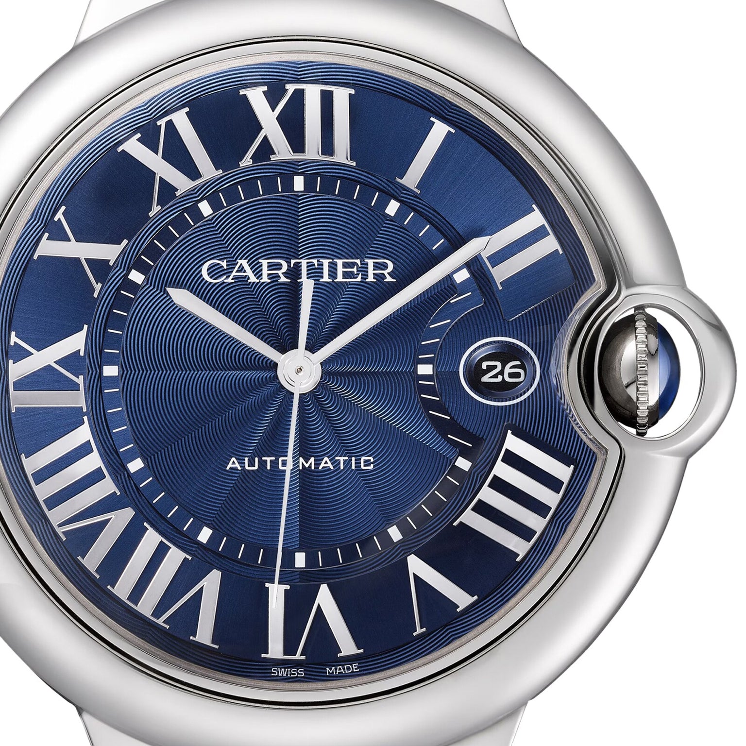 Close-up of a Cartier Ballon Bleu de Cartier watch featuring a blue guilloché dial, Roman numerals, silver hands, a date window at 3 oclock, and AUTOMATIC above 6 oclock.