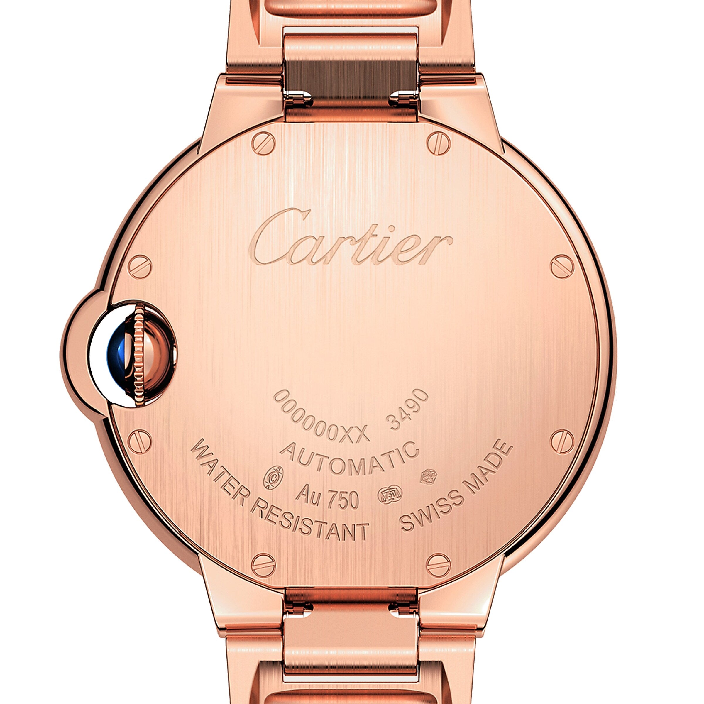 Back view of the Cartier Ballon Bleu de Cartier watch displays engraved branding, model and serial numbers, Au 750 gold mark, automatic winding info, water resistance details, and “Swiss Made” inscription.