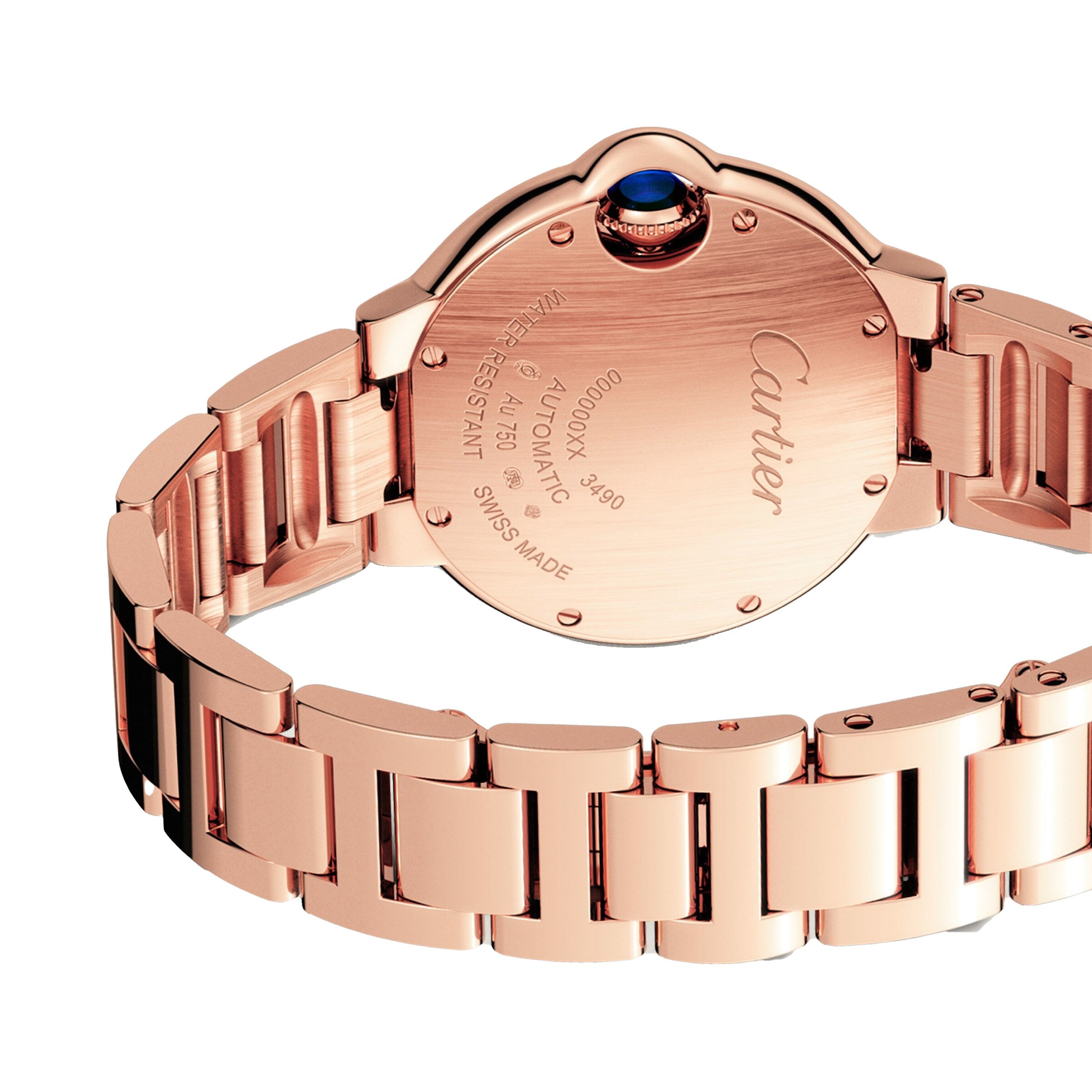 A close-up of the back of the Cartier Ballon Bleu de Cartier watch showcases engraved details, a blue cabochon crown, metal link bracelet, and automatic winding.