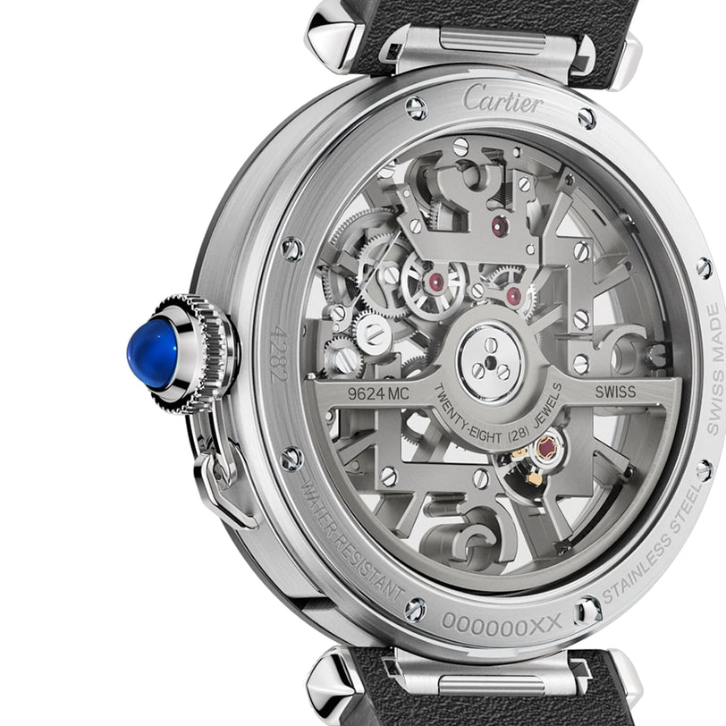 Close-up of the Pasha de Cartier Skeleton by Cartier, showing its skeleton mechanical movement, stainless steel case, and black leather strap.