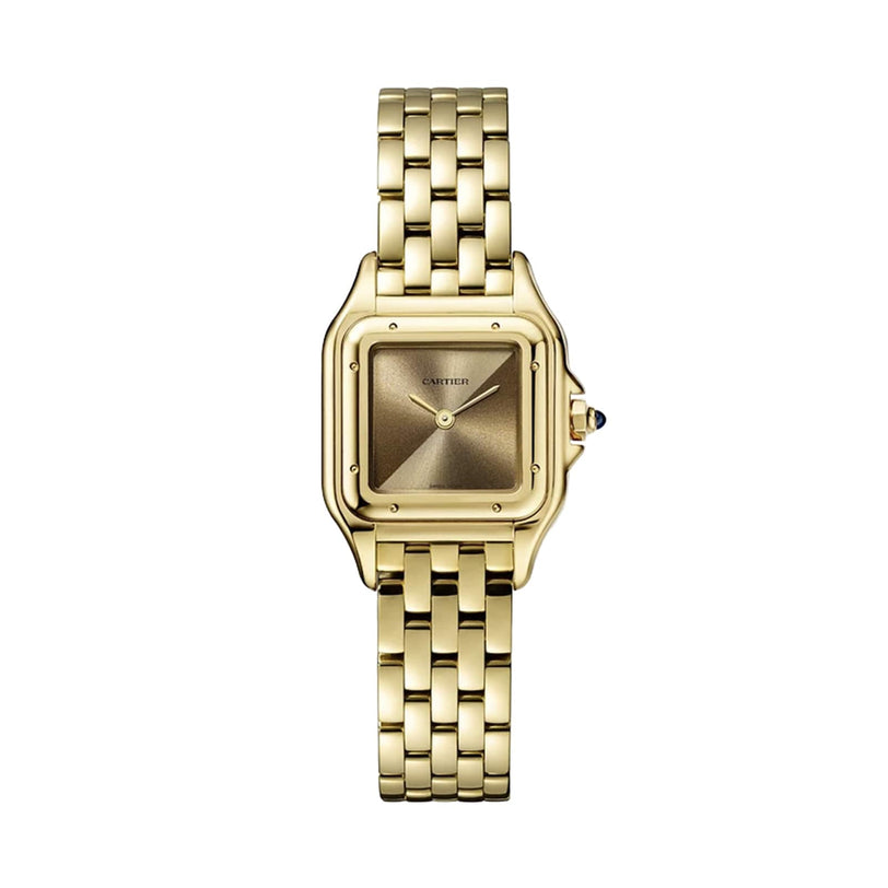 The Panthère de Cartier Small Model by Cartier is a yellow gold watch with a square face, blue sapphire crown, metal link band, minimalist design, and the iconic Cartier logo on the dial.