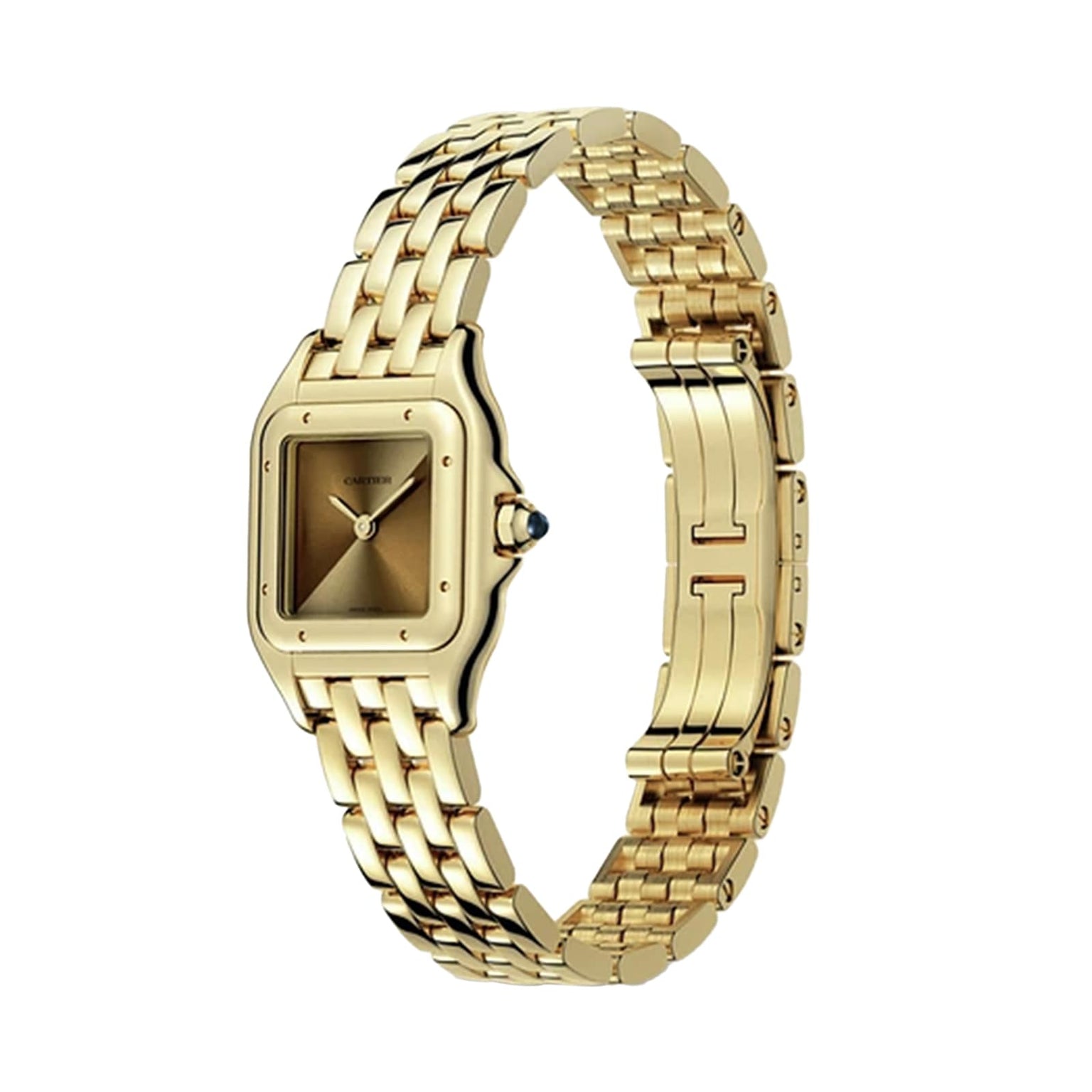 Panthère de Cartier Small Model by Cartier—a yellow gold square-faced wristwatch with a linked bracelet, minimalist dial, and no numerals—photographed on a white background, highlighting the iconic elegance of Cartier design.